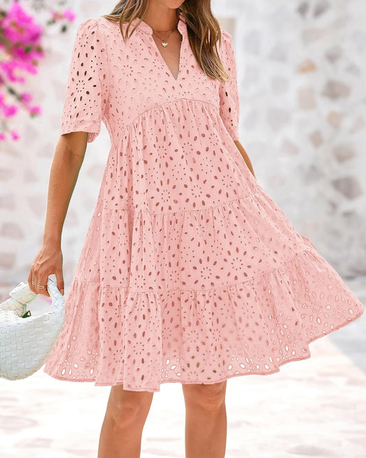 💕2025 Sommer Heißer Verkauf 50% Rabatt💕🌸lässiges Minikleid mit ausgehöhlter Spitze und Rüschen für Damen