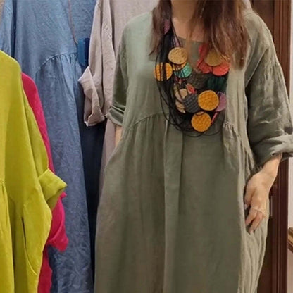 💃Lässiges, lockeres, einfarbiges Damenkleid mit Rundhalsausschnitt, 3/4-Ärmeln und Taschen