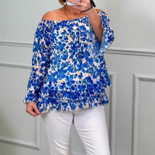👗✨2025 Modisches, neu bedrucktes Chiffon-Hemd mit einer Schulter und langen Ärmeln für Damen